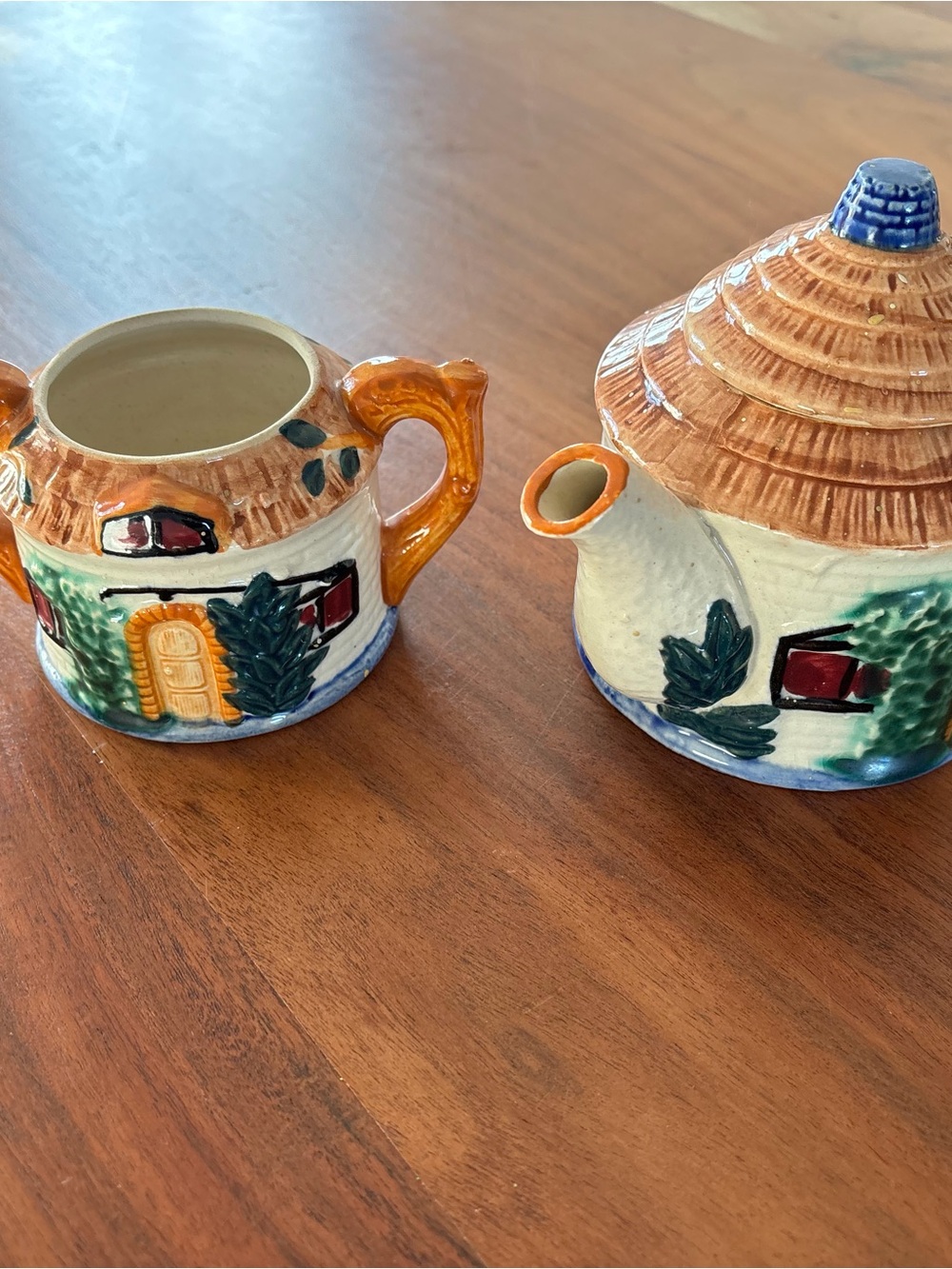 Hand-Painted Cottage Ceramic Teapot and Sugar Bowl — Orange, White & Green